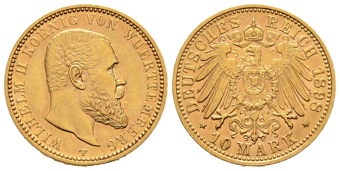 PEUS 8035 Kaiserreich - Württemberg 3,58 g Feingold. Wilhelm II. (1891 - 1918) 10 Mark GOLD 1898 F Kl. Kratzer, vorzüglich