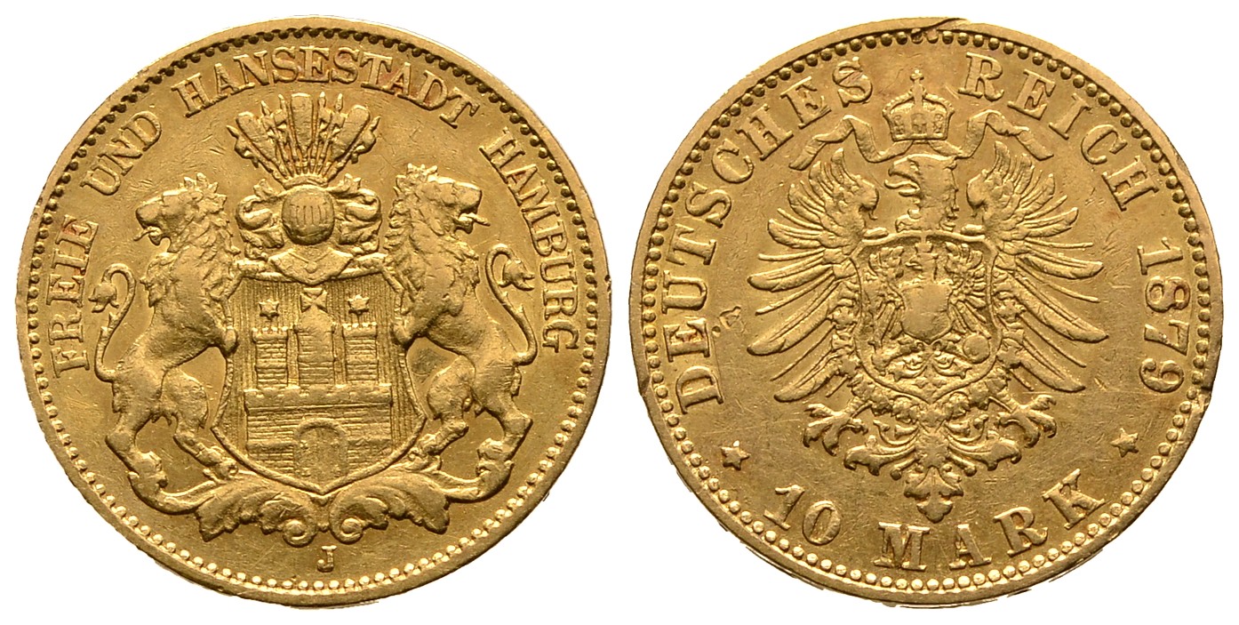 PEUS 8037 Kaiserreich - Hamburg 3,58 g Feingold 10 Mark GOLD 1879 J Fassungsspuren, Sehr schön