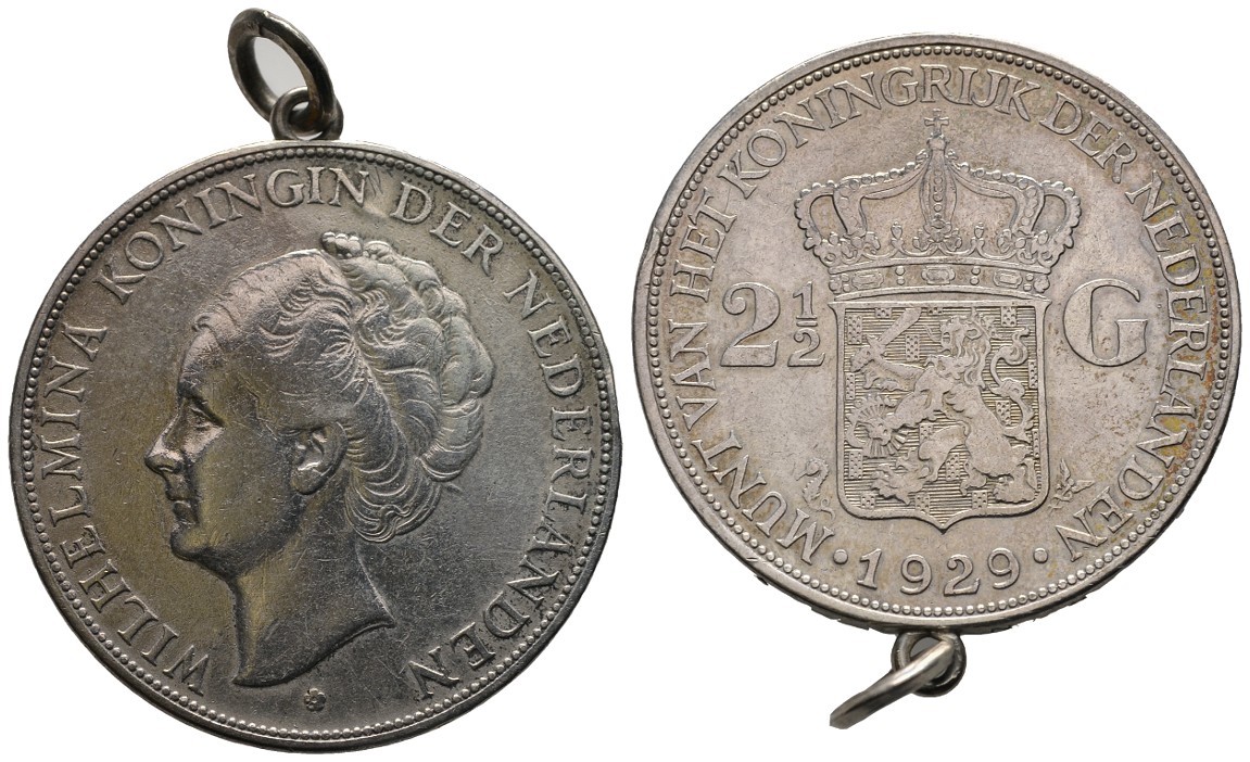 PEUS 8041 Niederlande 18 g Feinsilber. Wilhelmina I. (1890 - 1948) 2 1/2 Gulden SILBER 1929 Gehenkelt, Sehr schön