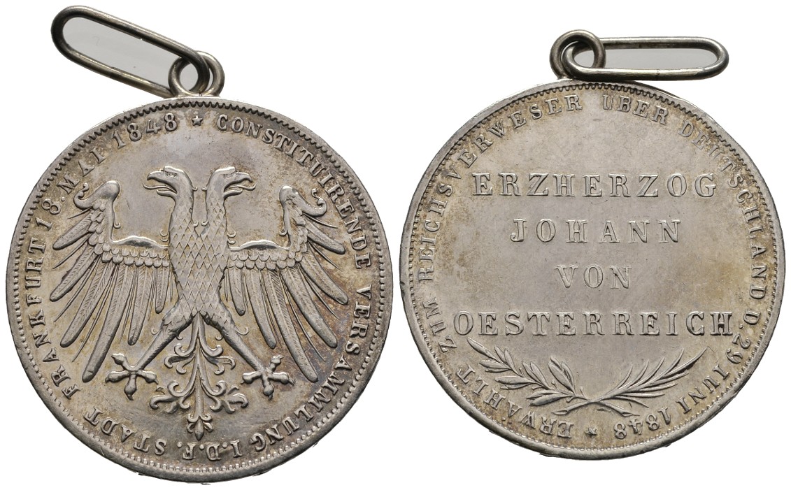PEUS 8043 Frankfurt am Main Erzherzog Johann von Österreich Doppelgulden 1848 Henkel, berieben, fast Sehr schön