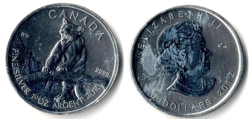  Kanada  5 Dollar (Puma) 2012  FM-Frankfurt Feingewicht: 31,1g Silber stgl.   