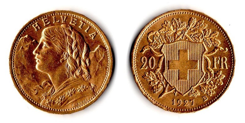 Schweiz MM-Frankfurt Feingewicht: 5,81g Gold 20sFR (Vreneli) 1927 B vorzüglich