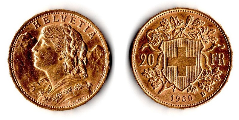 Schweiz MM-Frankfurt Feingewicht: 5,81g Gold 20sFR (Vreneli) 1930 B vorzüglich / sehr schön