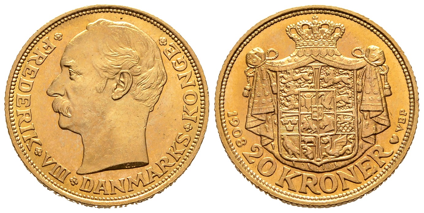 PEUS 8050 Dänemark 8,06 g Feingold. Friedrich VIII. (1906 - 1912) 20 Kronen GOLD 1908 VBP Kl. Kratzer, vorzüglich