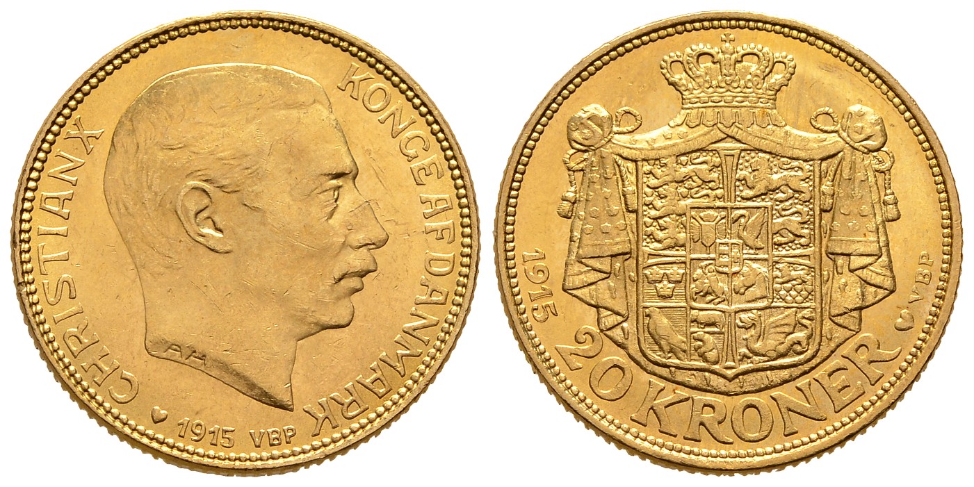 PEUS 8052 Dänemark 8,06 g Feingold. Kopenhagen Christian X. (1912 - 1947) 20 Kronen GOLD 1915 VBP Sehr schön + / Vorzüglich