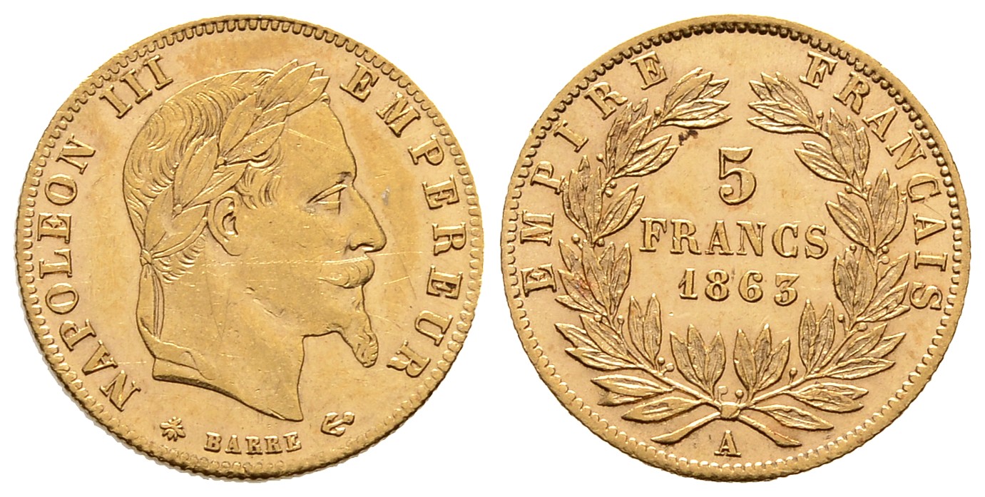 PEUS 8055 Frankreich 1,45 g Feingold. Napoleon III. (1852-1870) 5 Francs GOLD 1863 A Sehr schön +