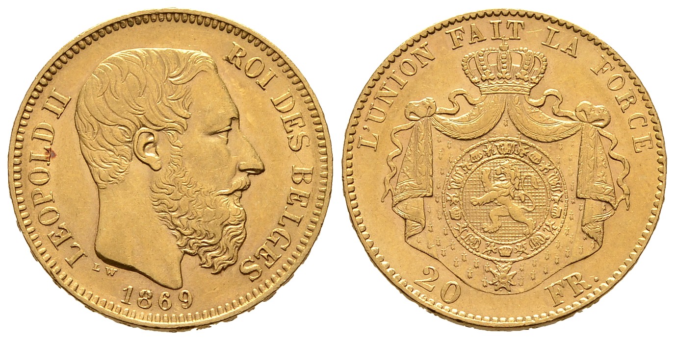 PEUS 8058 Belgien 5,81 g Feingold. Leopold II. (1865-1909) 20 Francs GOLD 1869 Kl. Kratzer, Vorzüglich