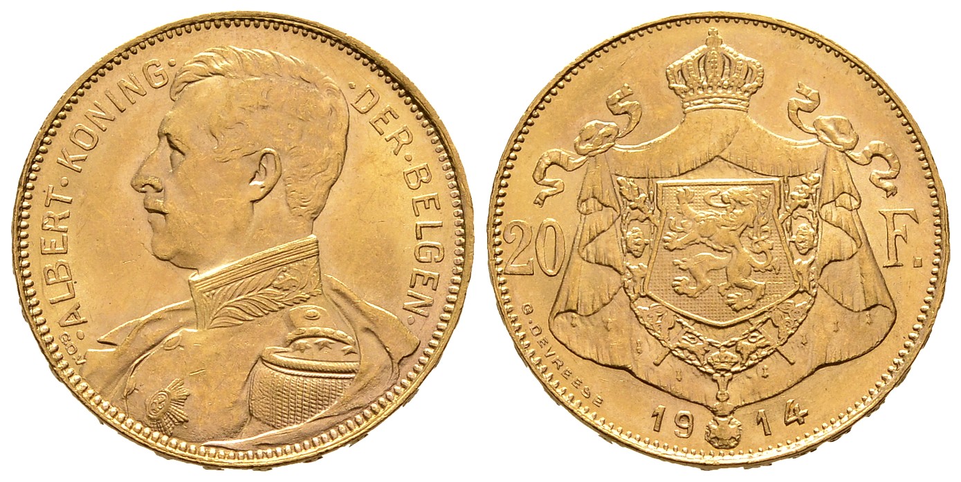 PEUS 8059 Belgien 5,81 g Feingold. Albert (1909 - 1934) 20 Francs GOLD 1914 Kl. Kratzer, vorzüglich
