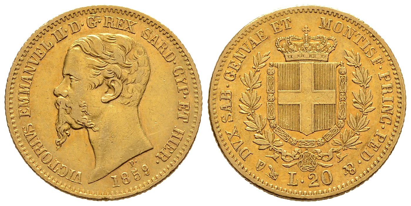 PEUS 8060 Italien 5,81 g Feingold. Vittorio Emanuelle II. (1849 - 1861) 20 Lire GOLD 1859 P Genua Sehr schön