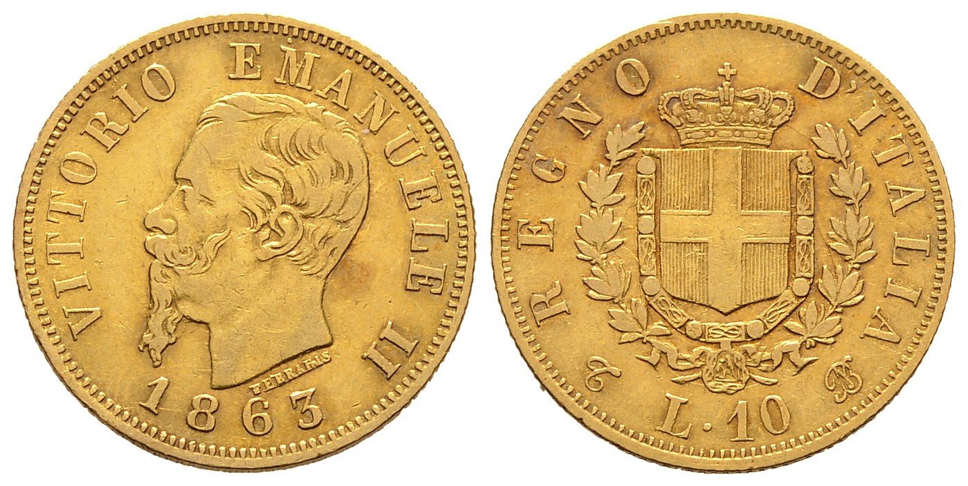 PEUS 8061 Italien Königreich 2,9 g Feingold. Vittorio Emanuelle II. (1861 - 1878) 10 Lire GOLD 1863 T BN Sehr schön