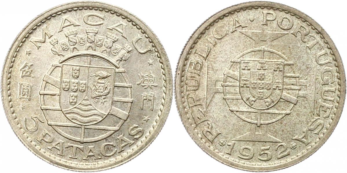  7834 Macau  5 Patacas 1952 Singapore Mint  10,8 Gr. Silber fein  vorzüglich   