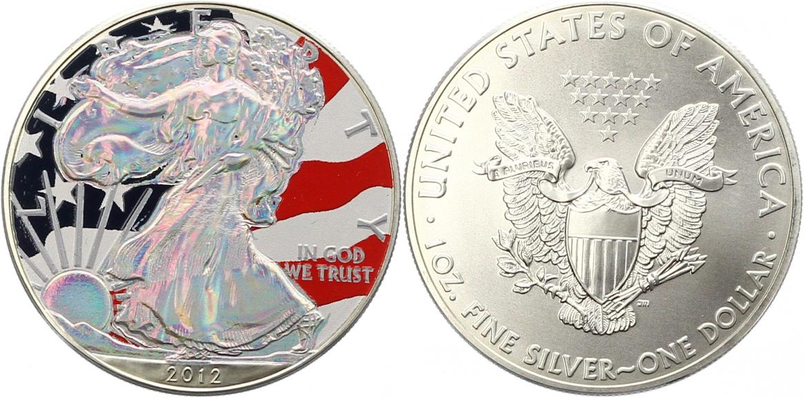  7840 U.S.A. Silver Eagle 2012 Liberty vor Flagge  31,1 Gr. Silber  in Blister  Polierte Platte   