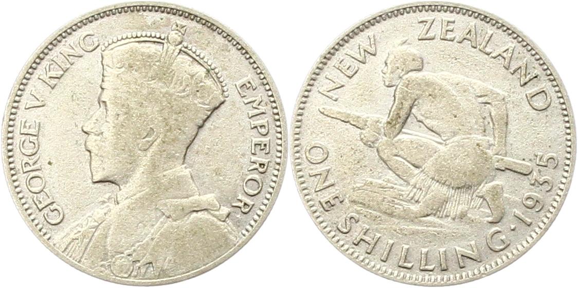 7842 New Zealand  Shilling  1935 Maorikriger  Silber  schön   