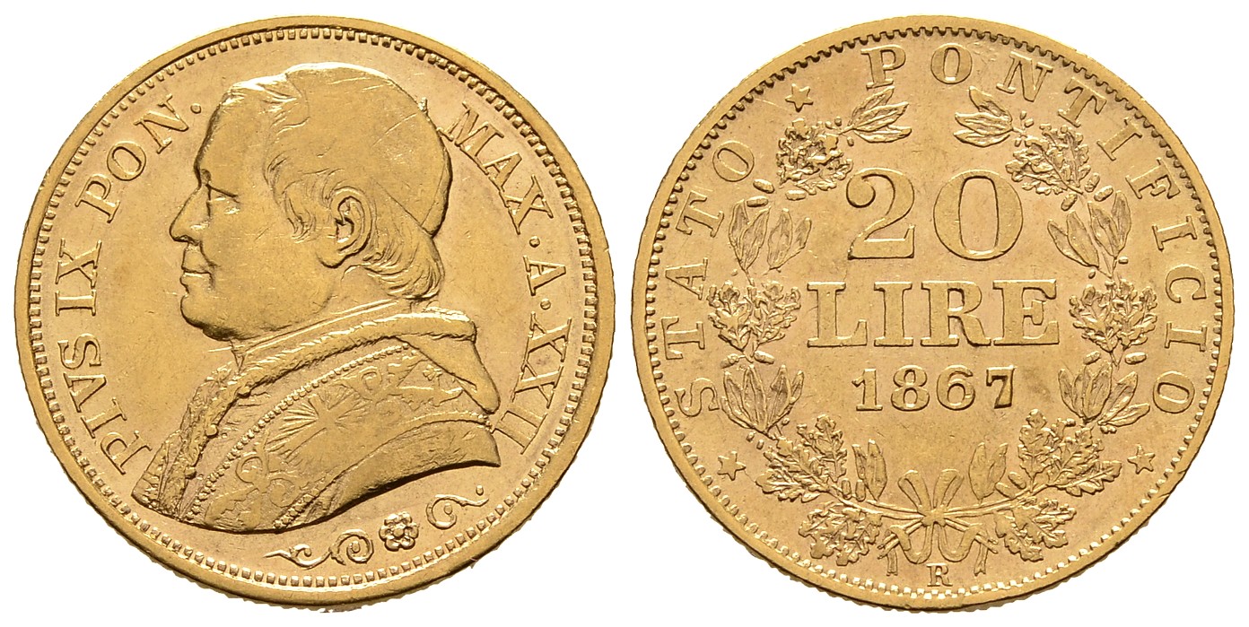 PEUS 8076 Vatikan 5,81 g Feingold. Pius IX. (1846 - 1878) 20 Lire GOLD 1867 XXII R Sehr schön +