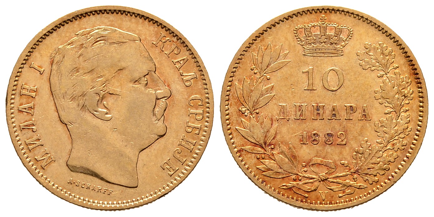 PEUS 8081 Serbien 2,90 g Feingold. Milan I. Obrenowitsch 10 Dinara GOLD 1882 V Sehr schön