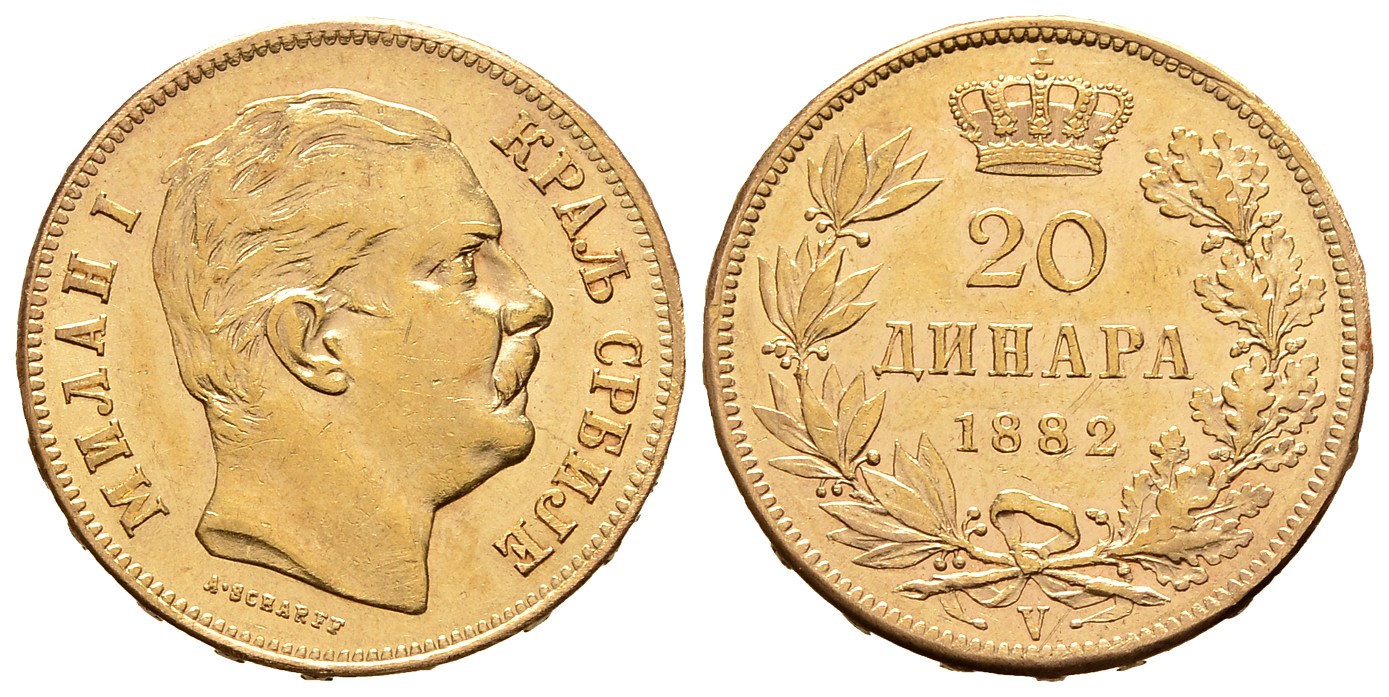 PEUS 8082 Serbien 5,81 g Feingold. Milan I. Obrenowitsch 20 Dinara GOLD 1882 V Sehr schön