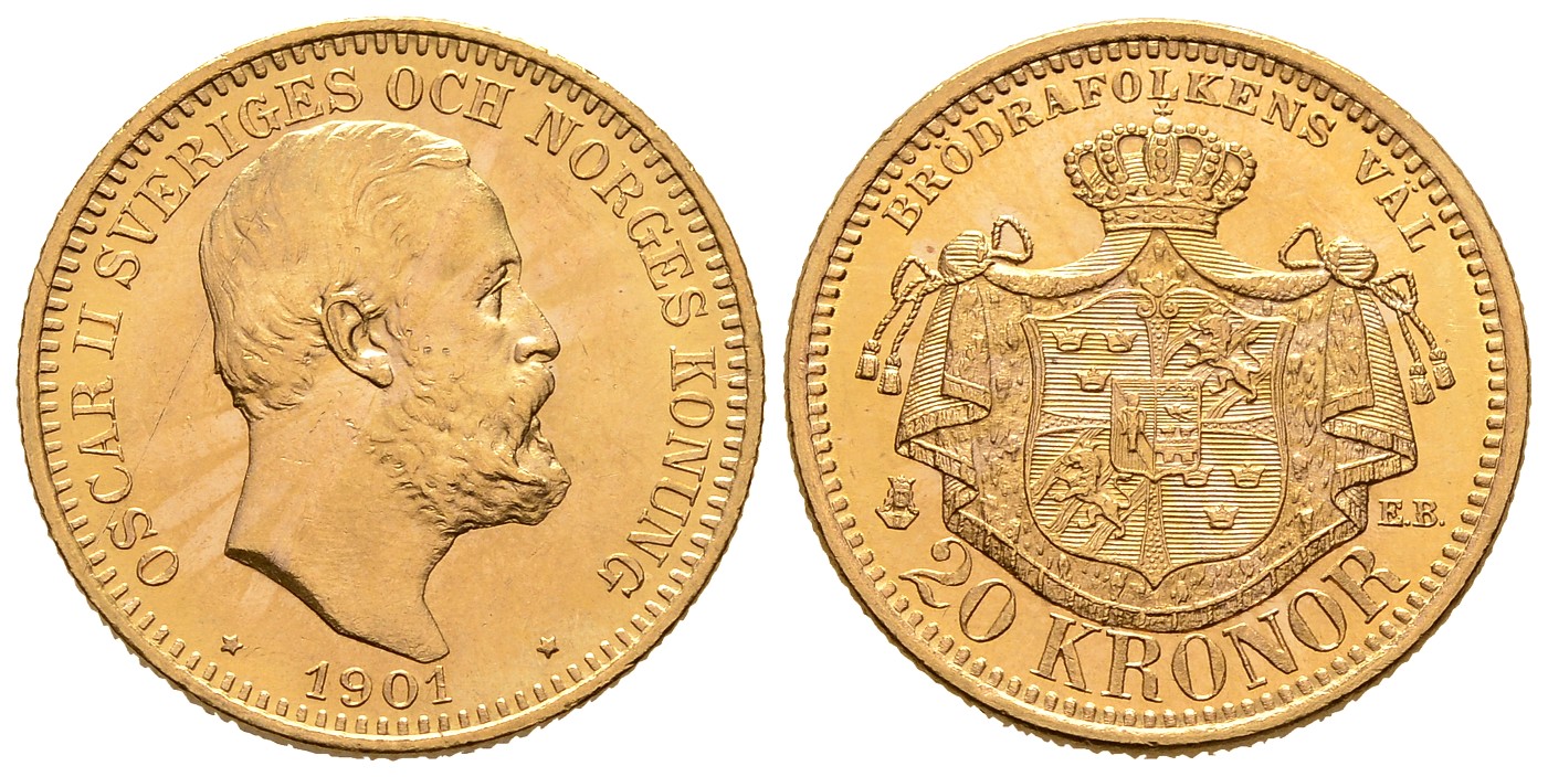 PEUS 8083 Schweden 8,06 g Feingold. Oscar II. (1872 - 1907) 20 Kroner GOLD 1901 EB Sehr schön +/ Vorzüglich