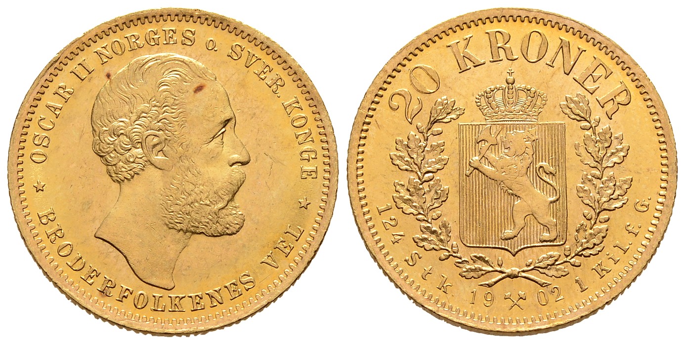 PEUS 8084 Union Norwegen + Schweden 8,06 g Feingold. Oscar II. (1872 - 1905) 20 Kroner GOLD 1902 Kl. Kratzer, Vorzüglich