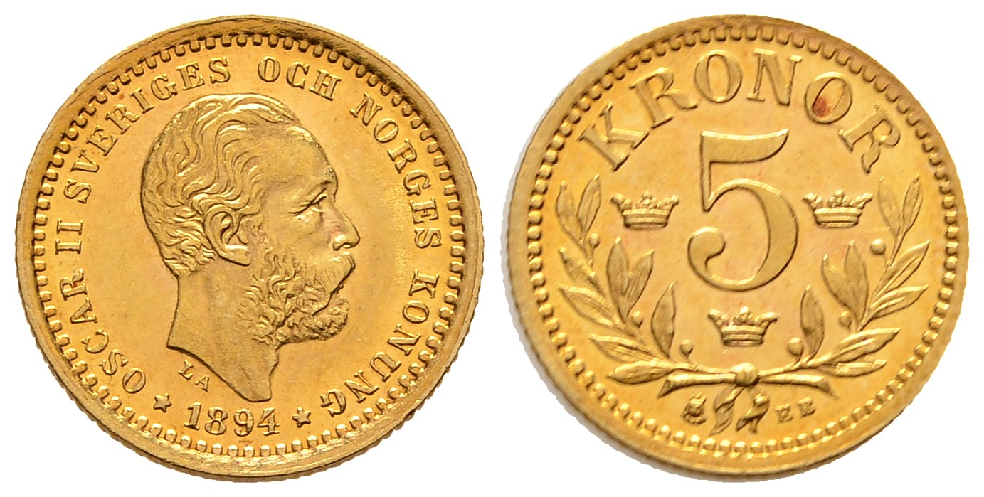 PEUS 8086 Schweden 2,02 g Feingold. Oscar II. (1872 - 1907) 5 Kroner GOLD 1894 EB Vorzüglich