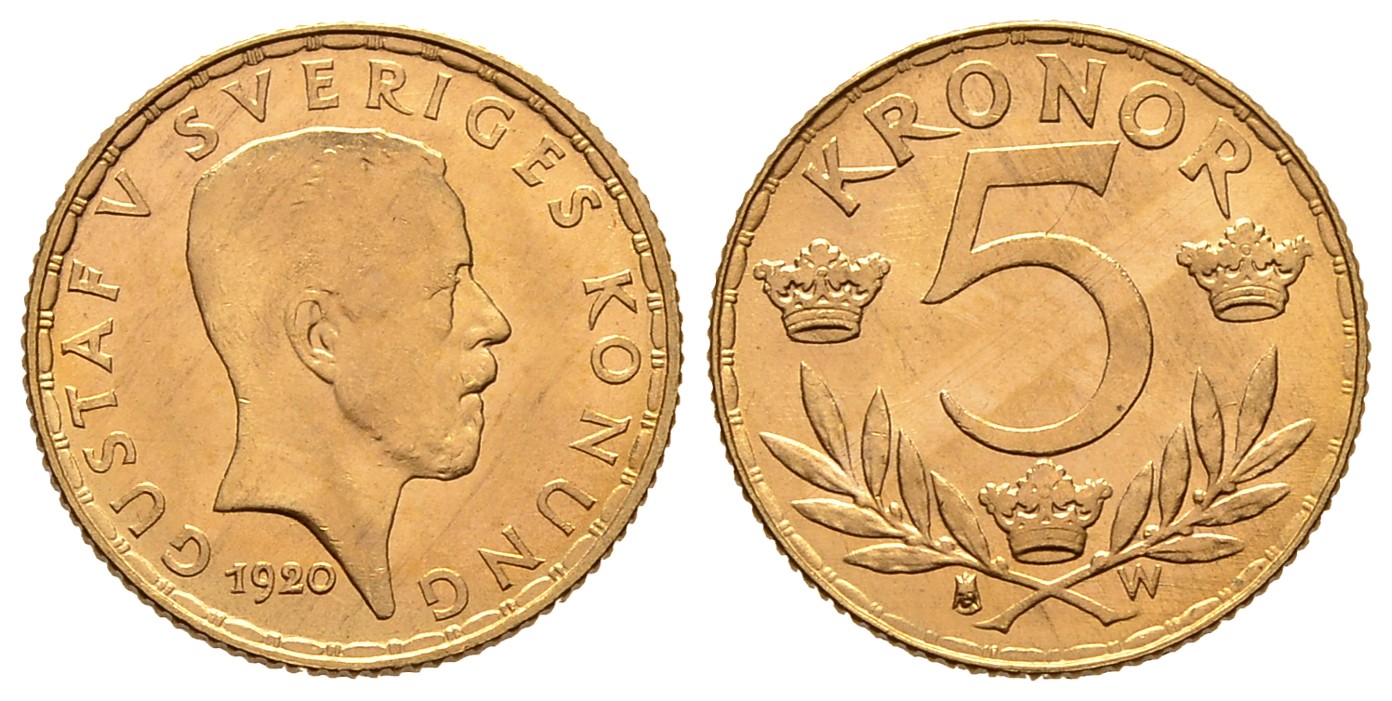 PEUS 8087 Schweden 2,02 g Feingold. Gustaf V. (1907 - 1950) 5 Kronor GOLD 1920 W Vorzüglich