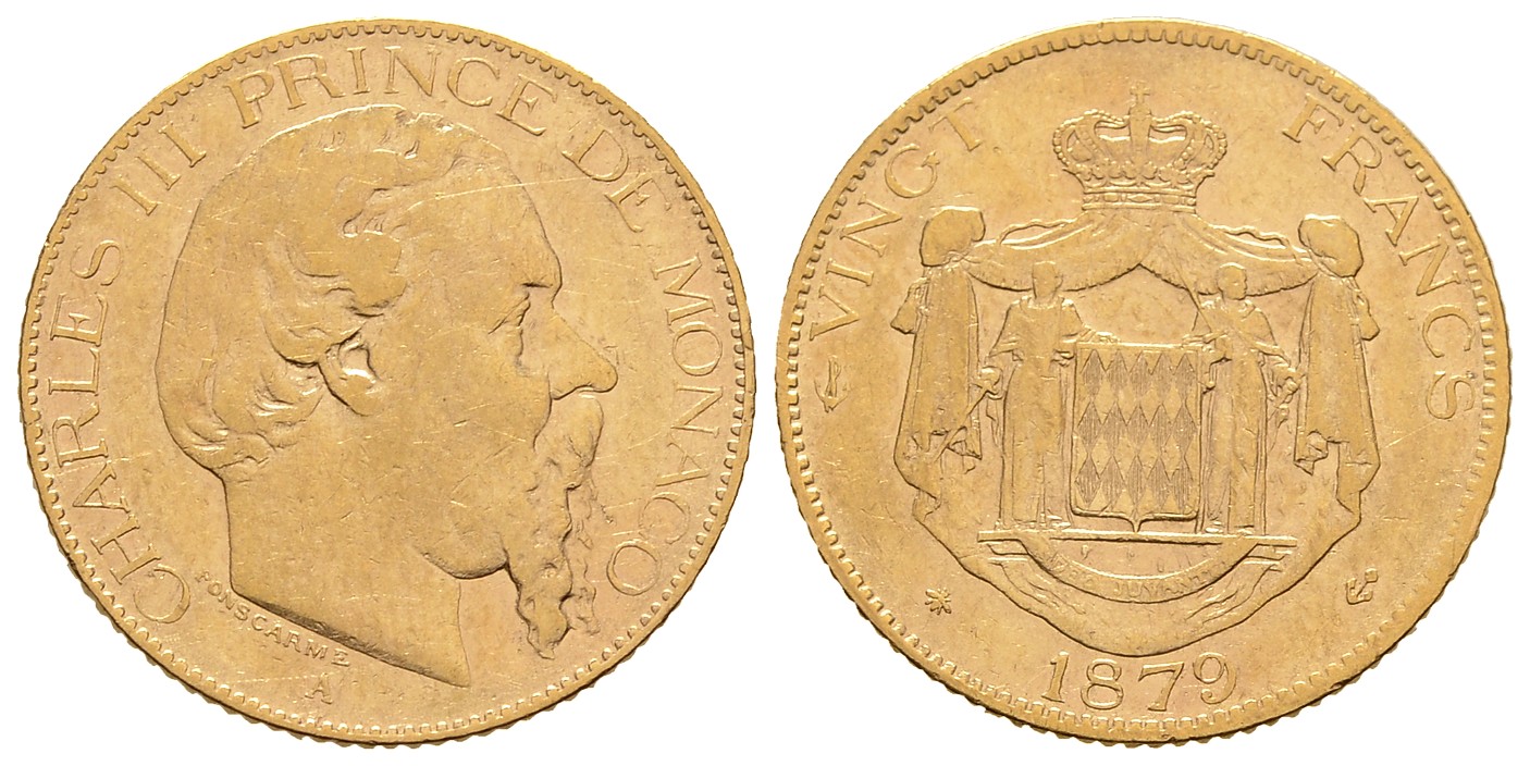 PEUS 8088 Monaco 5,81 g Feingold. Karl III. (1856 - 1889) 20 Francs GOLD 1879 Sehr schön