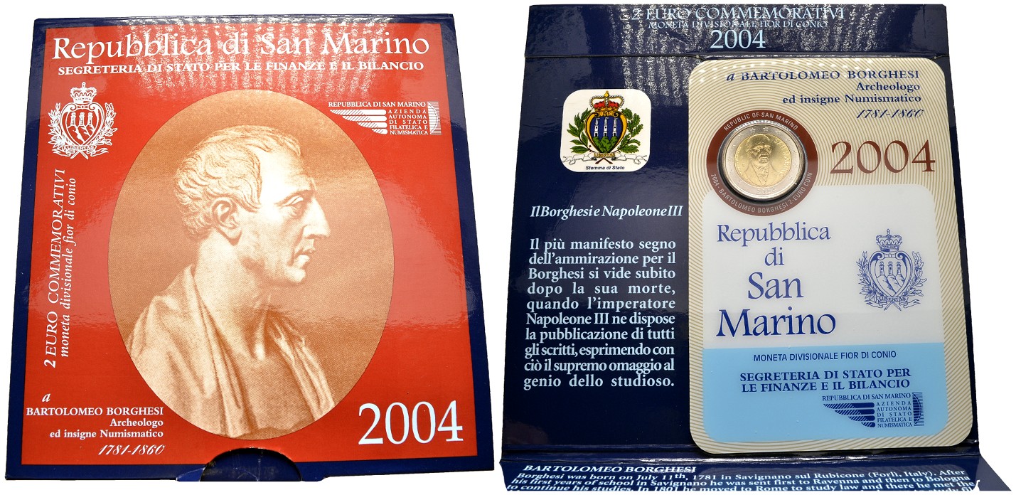PEUS 8092 San Marino Bartolomeo Borghesi. Originalverpackung 2 Euro 2004 Stempelglanz