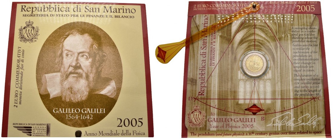 PEUS 8095 San Marino Galileo Galilei. Originalverpackung 2 Euro 2005 Stempelglanz
