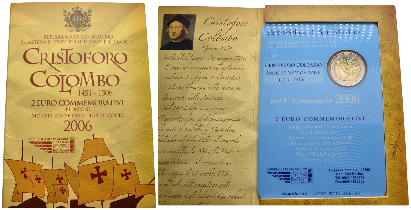 PEUS 8096 San Marino Christoph Kolumbus (1451-1506). Originalverpackung 2 Euro 2006 Stempelglanz