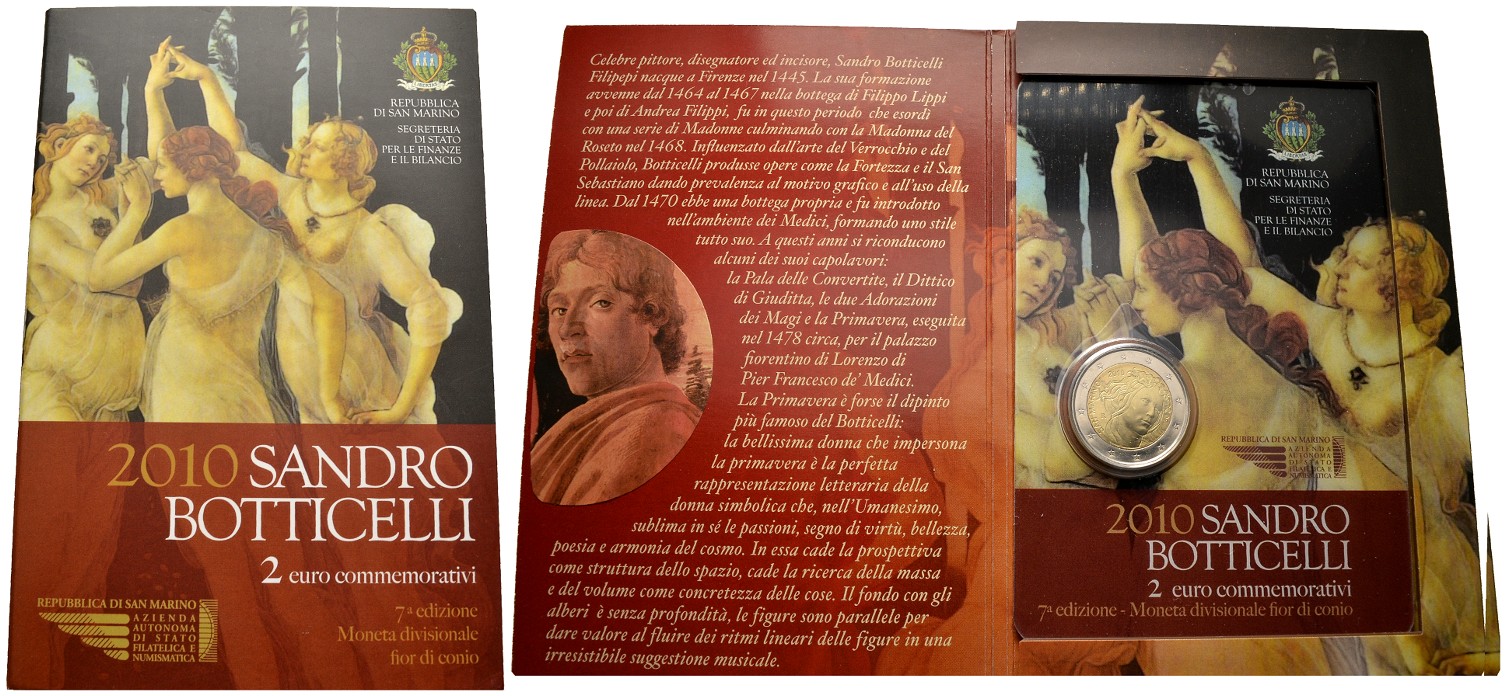 PEUS 8102 San Marino Sandro Botticelli. Originalverpackung 2 Euro 2010 Stempelglanz