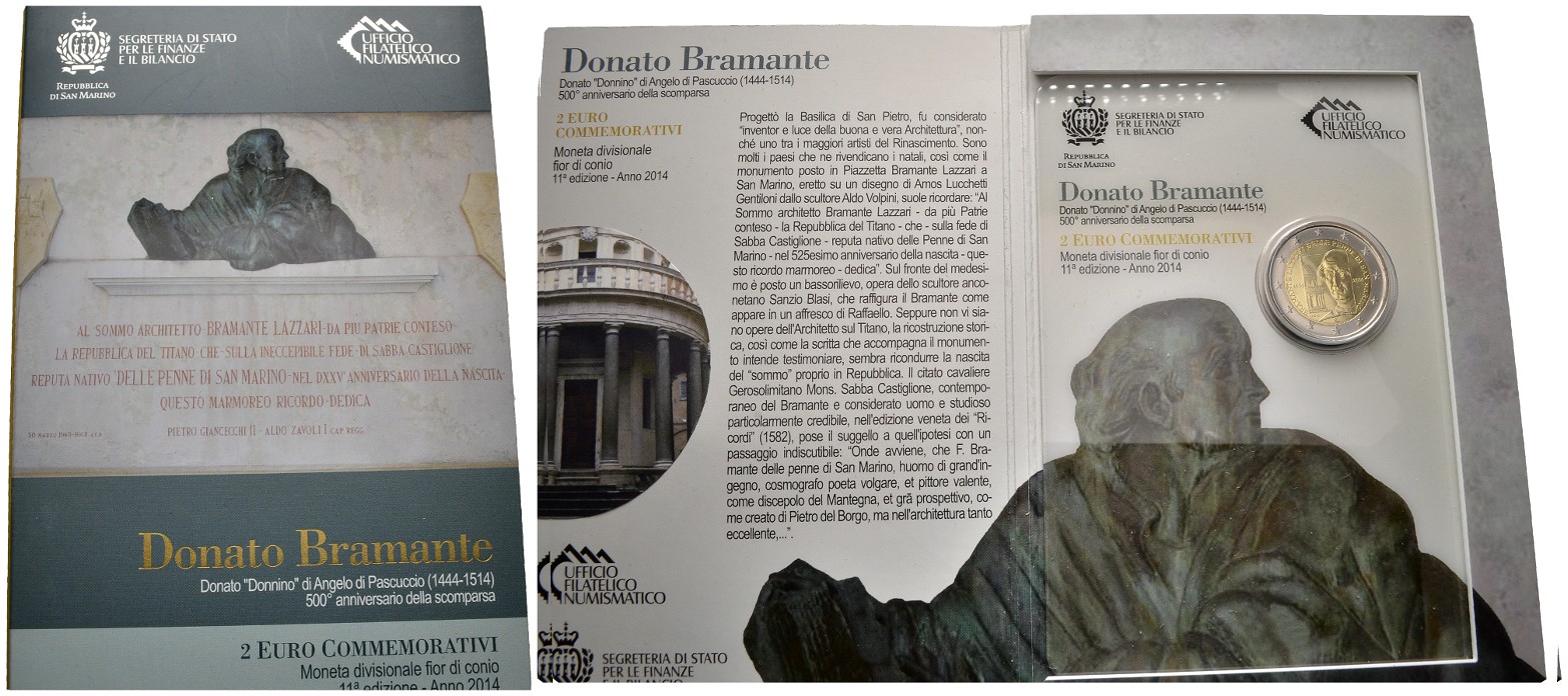 PEUS 8107 San Marino Donato Bramante. Originalverpackung 2 Euro 2014 Stempelglanz