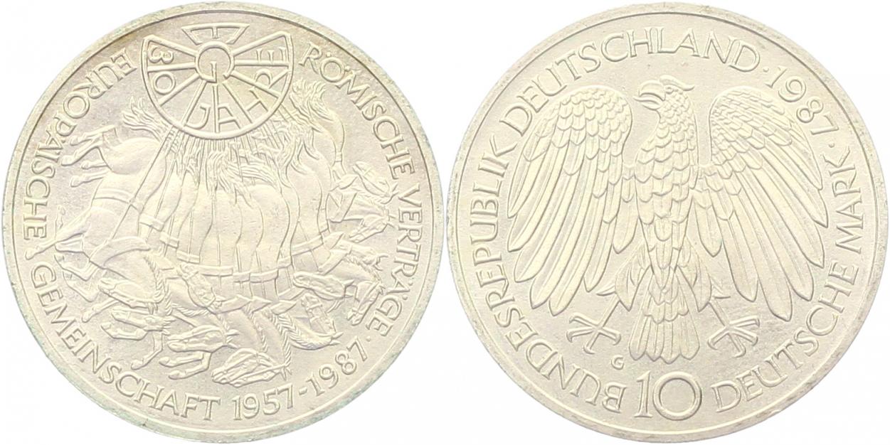  7942 10 Mark 1987 G  Römische Verträge  9,69 Gramm Silber fein  vorzüglich   