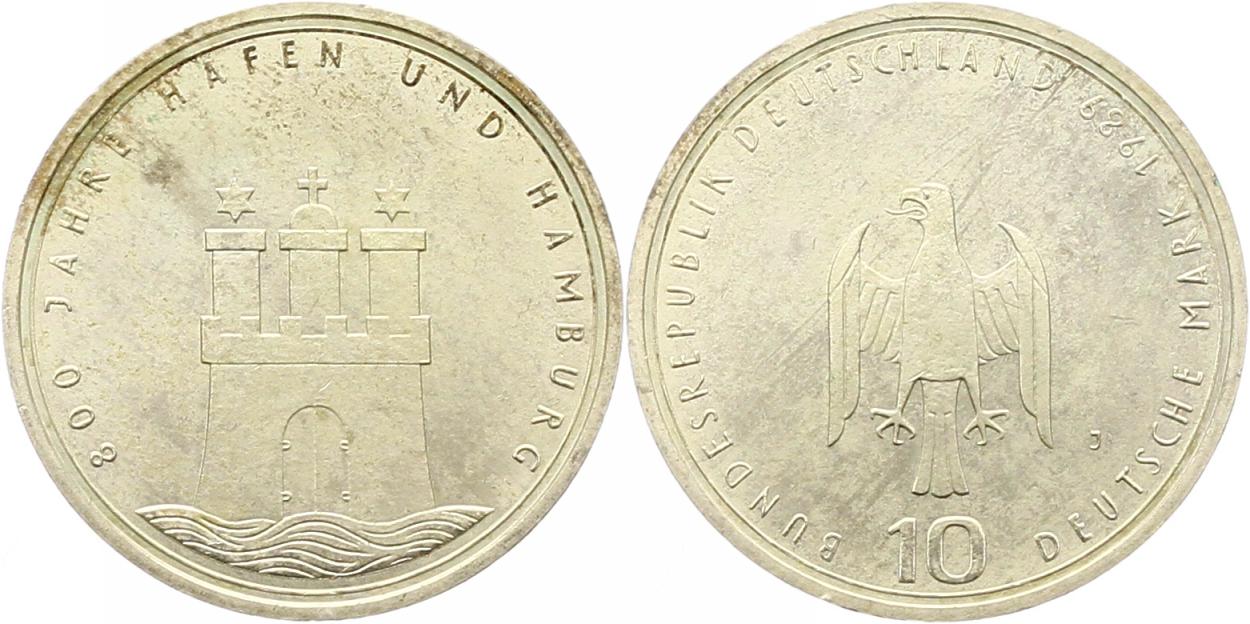  7950 10 Mark 1989 J  800 Jahre Hamburg 9,69 Gramm Silber fein  vorzüglich   