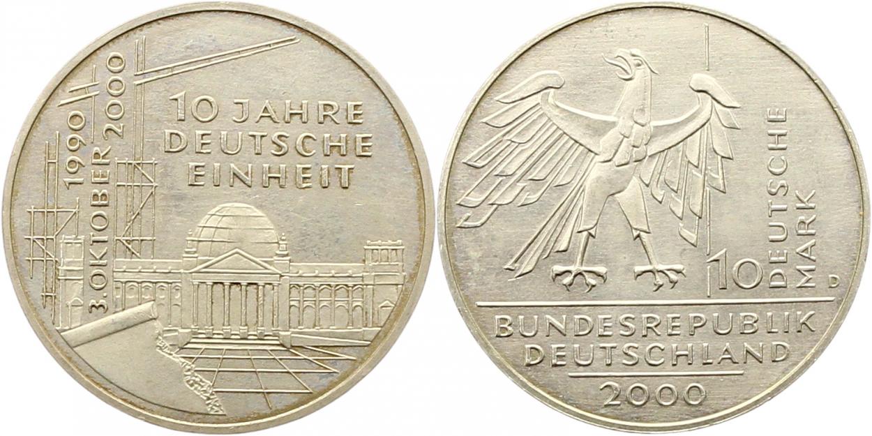  7982 10 Mark 2000 D 10 Jahre Deutsche Einheit 14,34 Gramm Silber fein  vorzüglich   
