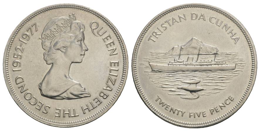  Großbritannien, 25 Pence 1977 Tristan da Cunha 25 J. Krönungsjubiläum Elisabeth II.; Cu/Ni   