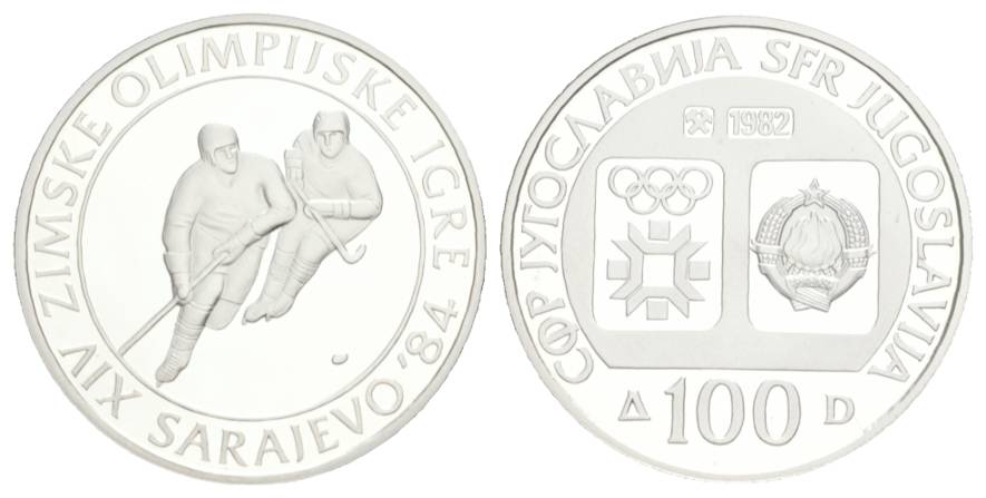  Olympische Spiele 1984 - 100 Dinar Jugoslawien; PP, AG 13,10 g   
