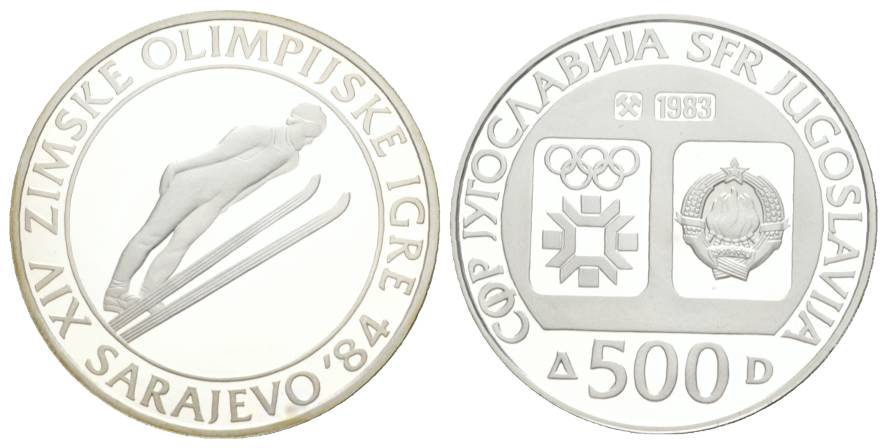  Olympische Spiele 1984 - 500 Dinar Jugoslawien; PP, AG 22,98 g   