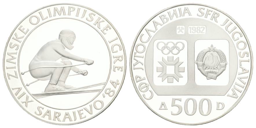  Olympische Spiele 1984 - 500 Dinar Jugoslawien; PP, AG 23,18 g   