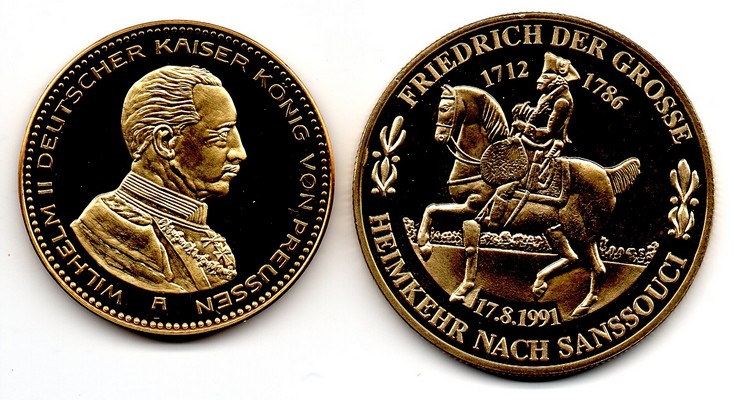  Deutschland Medaille 1991; '20 Mark 1915'  FM-Frankfurt Feingewicht: 15g Silber vergoldet pp   