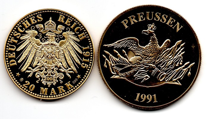  Deutschland Medaille 1991; '20 Mark 1915'  FM-Frankfurt Feingewicht: 15g Silber vergoldet pp   