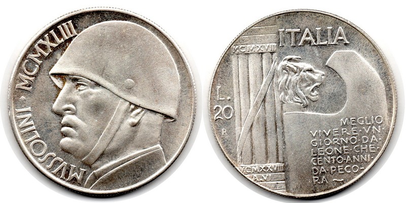  Italien 20 Lire  1928 (1943)  FM-Frankfurt Feingewicht: 10,02 Silber  vorzüglich   