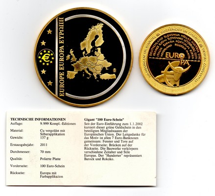  2x Medaille Banknoten Europas Gigant '100-Euro-Schein' FM-Frankfurt    PP   