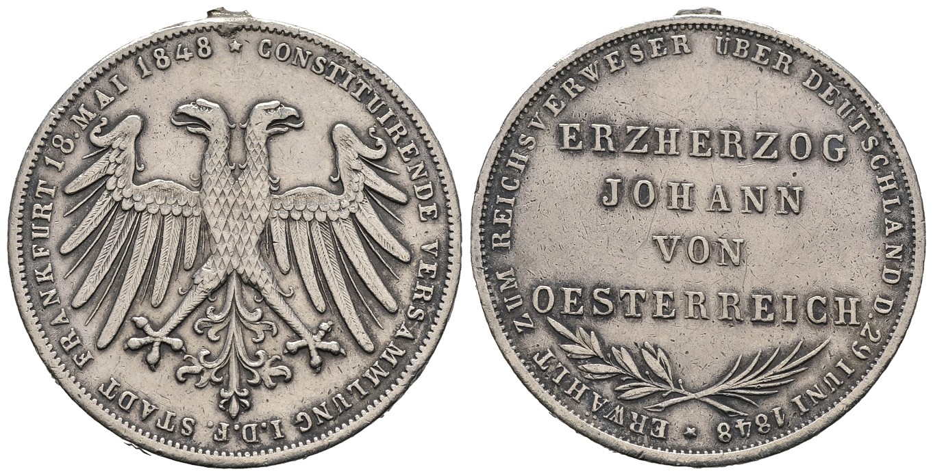 PEUS 8115 Frankfurt am Main Erzherzog Johann von Österreich Doppelgulden 1848 Henkelspur, Sehr schön