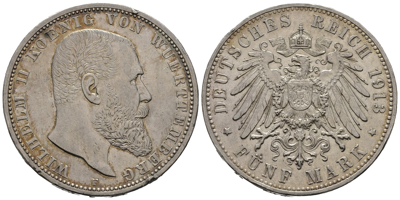 PEUS 8126 Kaiserreich - Württemberg Wilhelm II. (1891 - 1918) 5 Mark 1913 F Kl. Kratzer + Randfehler, Sehr schön