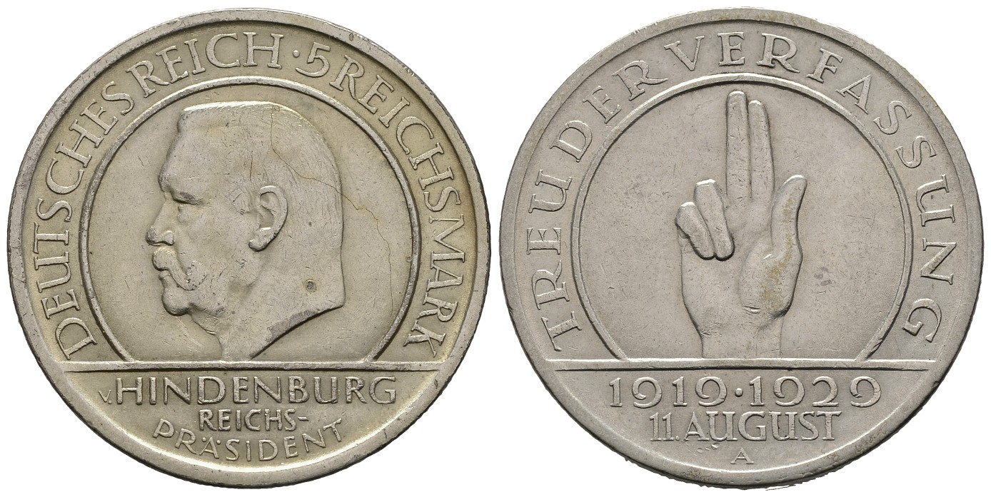 PEUS 8127 Weimarer Republik Verfassung / Hindenburg 5 Reichsmark 1929 F Sehr schön