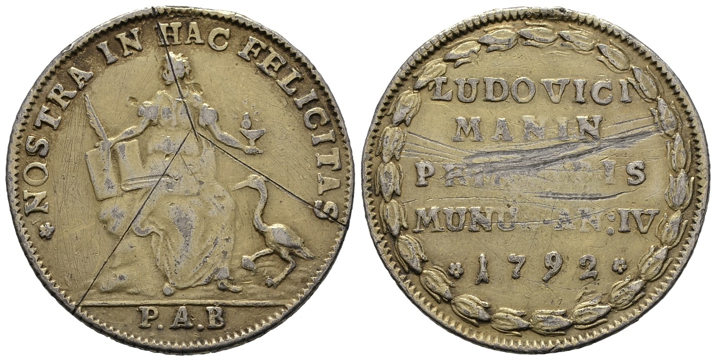 PEUS 8128 Venezia Lodovico Manin (1789 - 1797). Sitzende Felicitas / Schrift Silbermedaille 1792 year IV. Kratzer, Fast Sehr schön