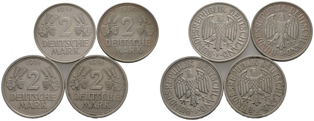 PEUS 8129 BRD  2 Deutsche Mark Lot (4 Münzen) 1951 D, F, J Sehr schön
