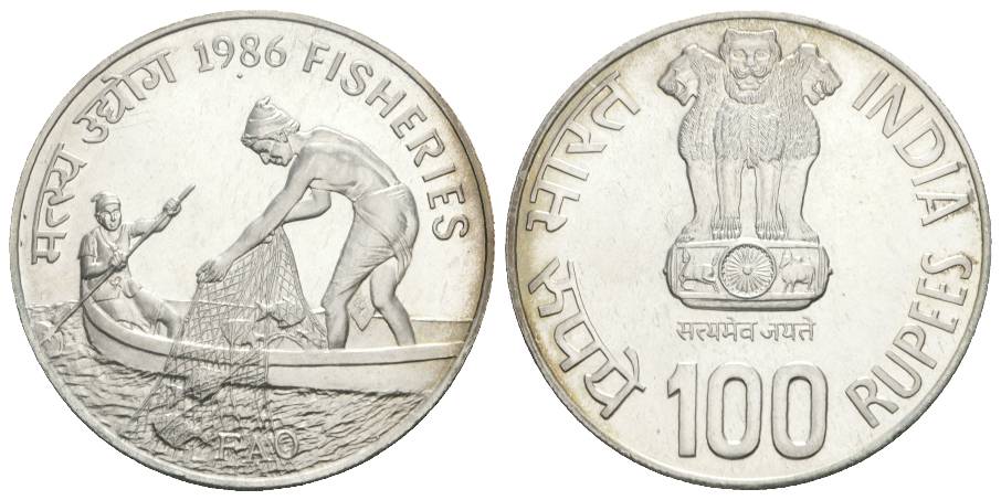  Indien, 100 Rupees 1986, Fischer beim Netzeinholen   