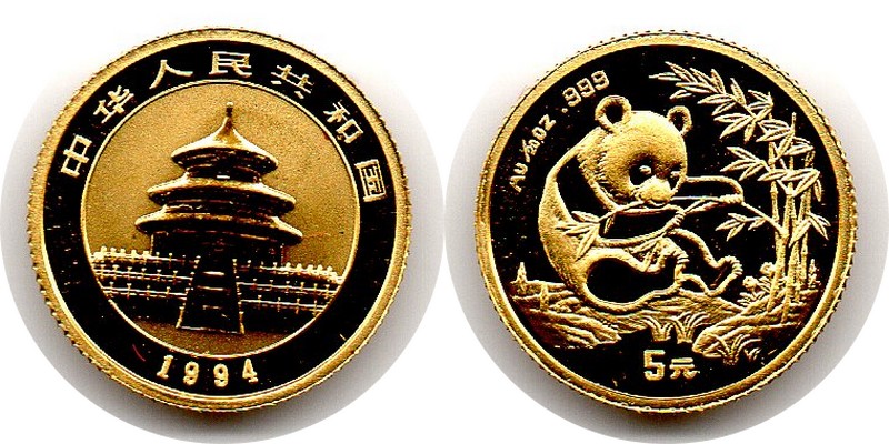 China MM-Frankfurt   Feingewicht: 1,55g 5 Yuan 1994 stempelglanz