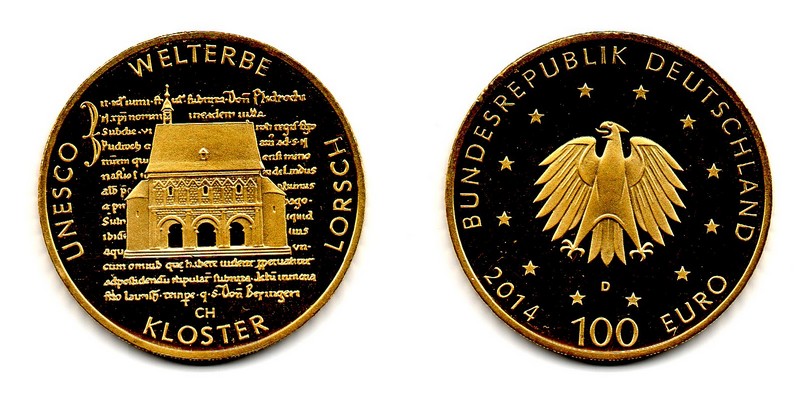 BRD MM-Frankfurt  Feingewicht: 15,55g Gold 100 EUR (Lorsch) 2014 stg (ohne Schatulle,ohne Zertifikat)
