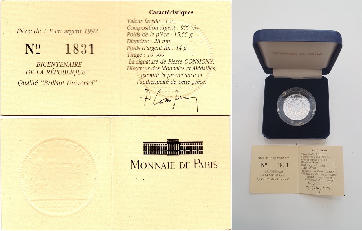  Frankreich  1 Francs  1992  FM-Frankfurt Feingewicht: 14g Silber   stempelglanz   